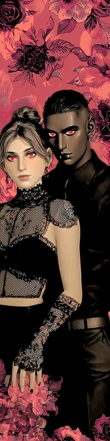 Free vampire bookmark featuring a vampire couple on a red background